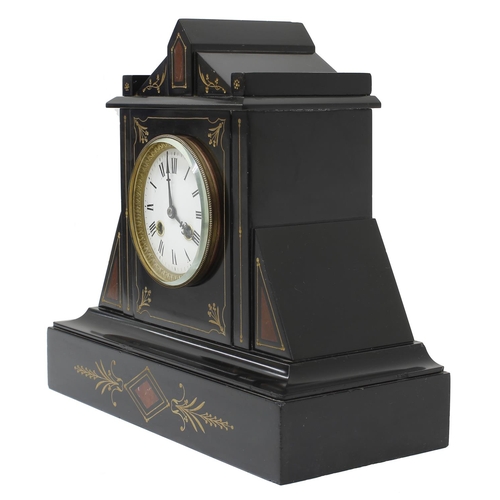 1527 - French black slate and red marble two train mantel clock, the movement with outside countwheel strik... 