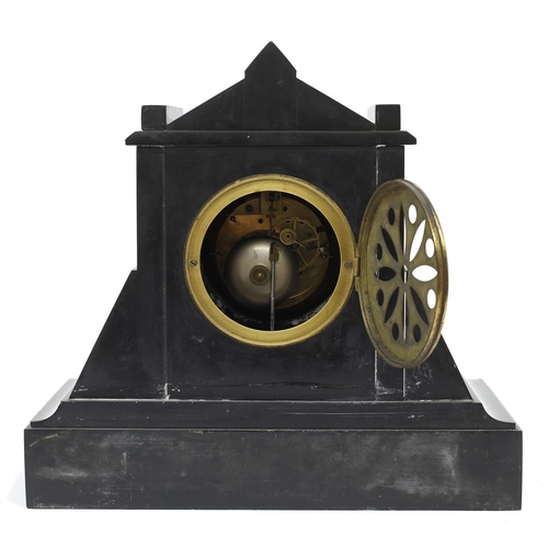 1527 - French black slate and red marble two train mantel clock, the movement with outside countwheel strik... 