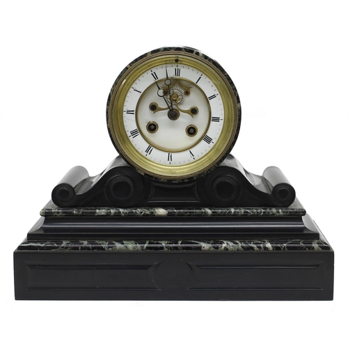 1528 - French black slate and green marble small drumhead two train mantel clock striking on a bell, the 3.... 