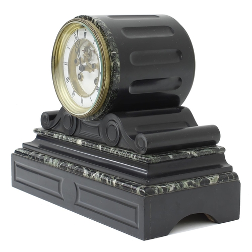 1528 - French black slate and green marble small drumhead two train mantel clock striking on a bell, the 3.... 