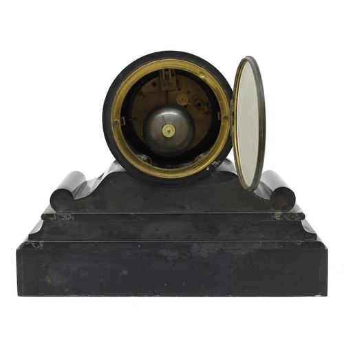 1528 - French black slate and green marble small drumhead two train mantel clock striking on a bell, the 3.... 