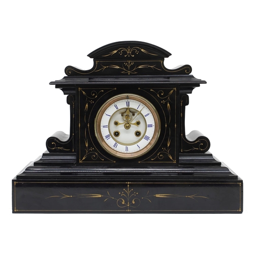 1529 - French black slate two train mantel clock striking on a bell, the 3.75