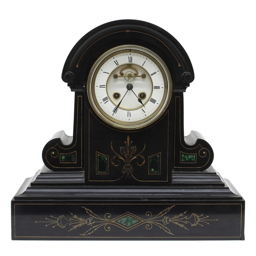 1531 - Good French black slate and malachite inset two train mantel clock striking on a bell (missing), the... 