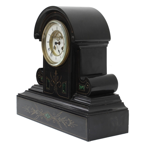 1531 - Good French black slate and malachite inset two train mantel clock striking on a bell (missing), the... 