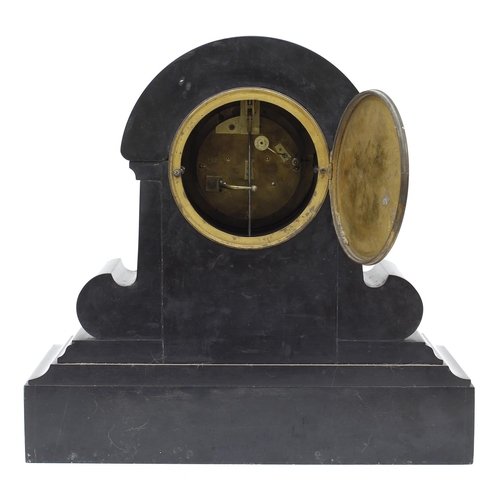 1531 - Good French black slate and malachite inset two train mantel clock striking on a bell (missing), the... 