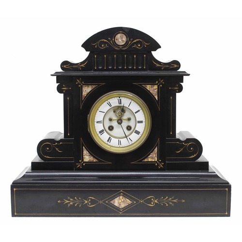 1532 - French black slate and pink coloured marble two train mantel clock, the S. Marti movement striking o... 