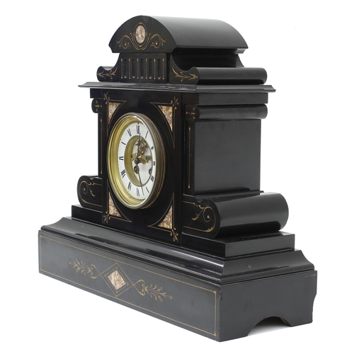 1532 - French black slate and pink coloured marble two train mantel clock, the S. Marti movement striking o... 