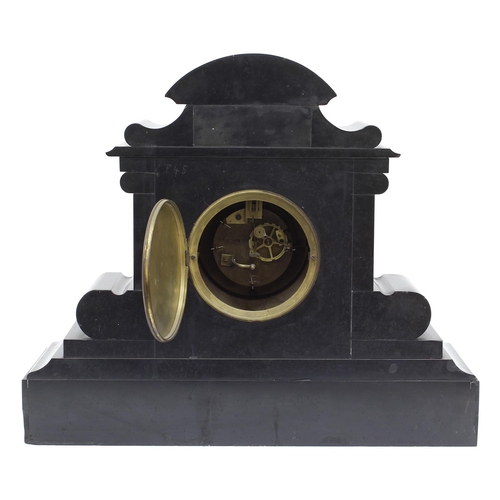 1532 - French black slate and pink coloured marble two train mantel clock, the S. Marti movement striking o... 