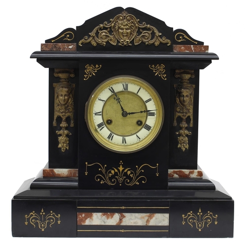 1533 - French black slate and coloured marble gilt metal mounted two train mantel clock, the Junghans movem... 