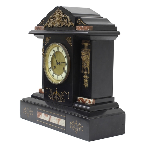 1533 - French black slate and coloured marble gilt metal mounted two train mantel clock, the Junghans movem... 