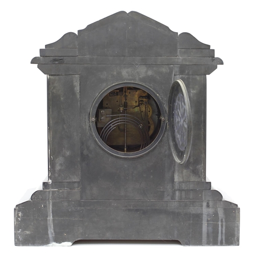 1533 - French black slate and coloured marble gilt metal mounted two train mantel clock, the Junghans movem... 