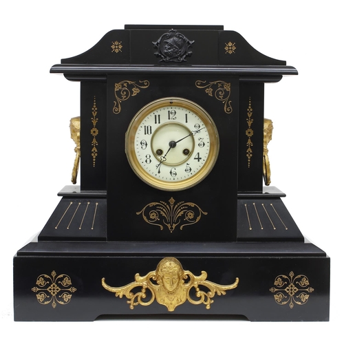 1534 - French black slate and gilt metal mounted two train mantel clock striking on a gong, the 4.75