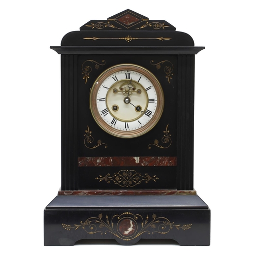 1536 - French black slate and red marble two train mantel clock, the movement stamped A & N no. 33917 s... 