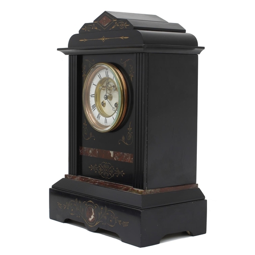 1536 - French black slate and red marble two train mantel clock, the movement stamped A & N no. 33917 s... 