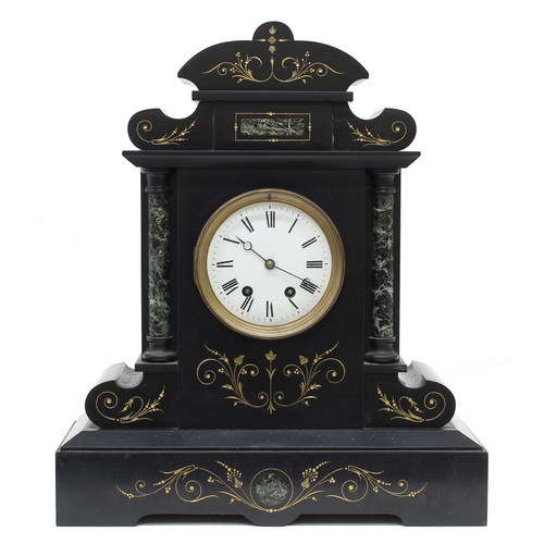 1537 - French black slate and green marble two train mantel clock striking on a gong, the 4.75