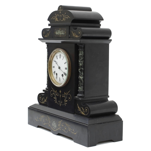 1537 - French black slate and green marble two train mantel clock striking on a gong, the 4.75