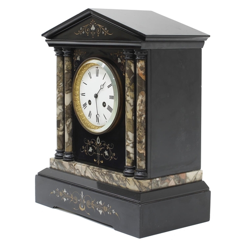 1538 - French black slate and grey veined marble two train mantel clock, the S. Marti movement striking on ... 