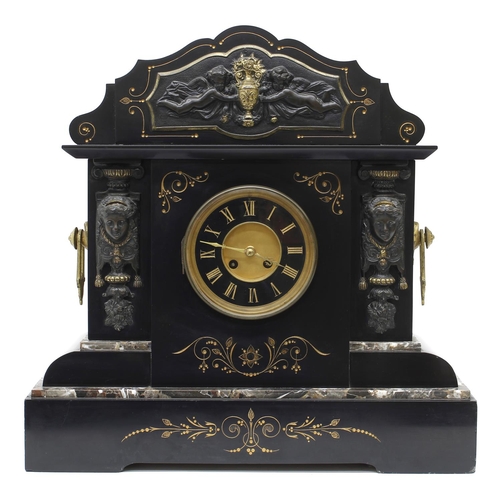 1539 - Good French black slate and coloured marble two train mantel clock, the Mougin movement striking on ... 