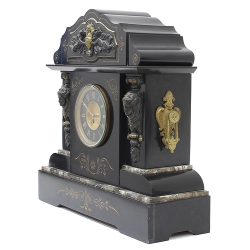 1539 - Good French black slate and coloured marble two train mantel clock, the Mougin movement striking on ... 