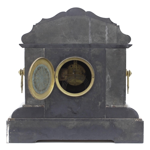 1539 - Good French black slate and coloured marble two train mantel clock, the Mougin movement striking on ... 