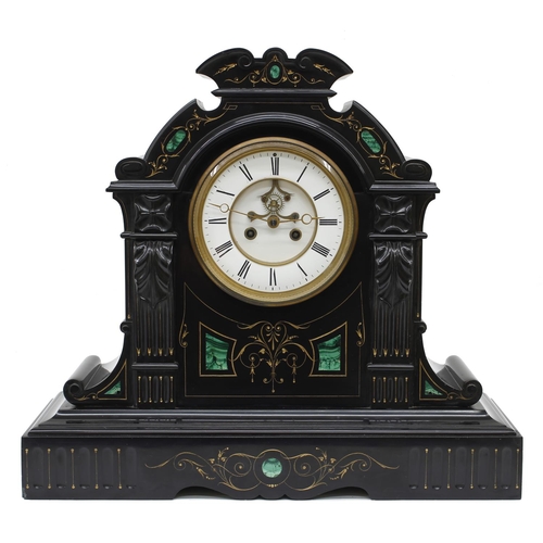 1540 - Fine French black marble and malachite inset two train mantel clock, the S. Marti movement striking ... 