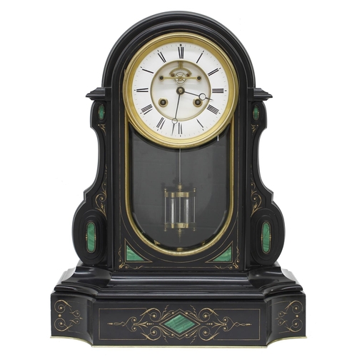 1541 - Fine French black marble and malachite inset two train mantel clock, the S. Marti movement striking ... 