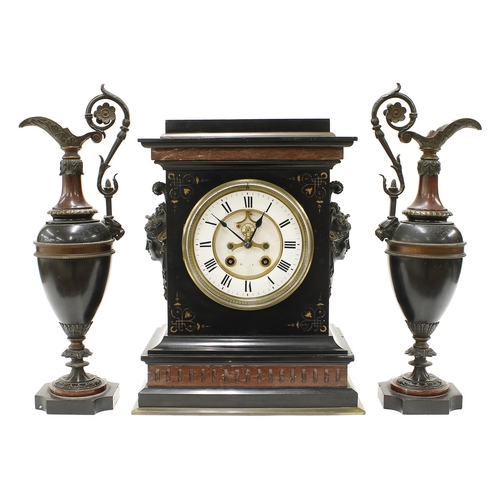 1501 - Good French black and red marble two train mantel clock garniture striking on a gong, the 5.5