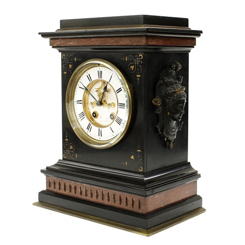 1501 - Good French black and red marble two train mantel clock garniture striking on a gong, the 5.5