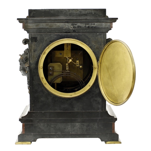 1501 - Good French black and red marble two train mantel clock garniture striking on a gong, the 5.5