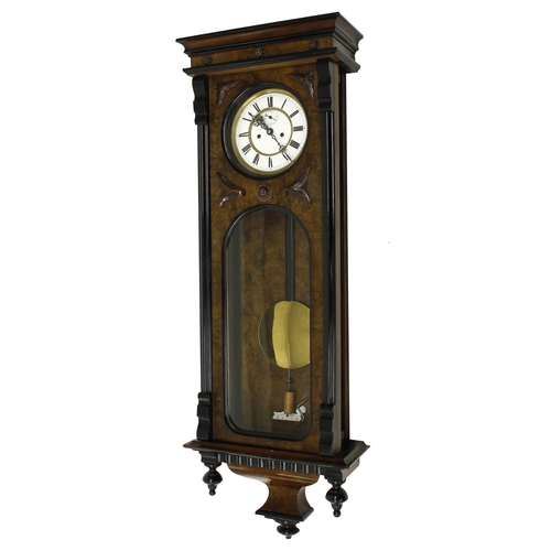 1701 - Good burr walnut and ebonised Vienna double weight regulator wall clock, the 6.5