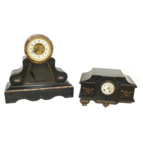 2303 - French black slate and red marble two train mantel clock, the Japy Freres movement with outside coun... 