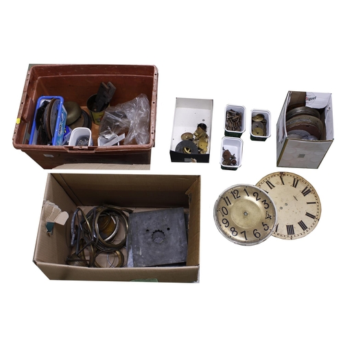 2109 - Quantity of assorted clock parts; to include dials, bezels, three small seat boards, large bell, win... 