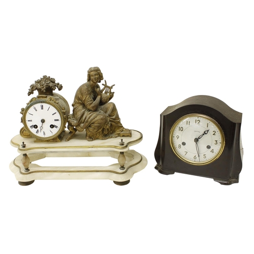 2309 - French gilt metal and white marble figural drumhead eight day mantel clock, 10.75