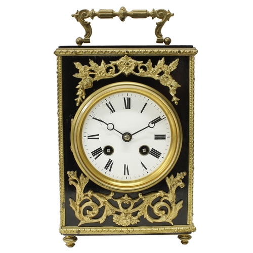 2310 - French ebonised two train mantel clock striking on a bell, the 3.5