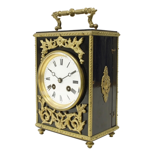 2310 - French ebonised two train mantel clock striking on a bell, the 3.5