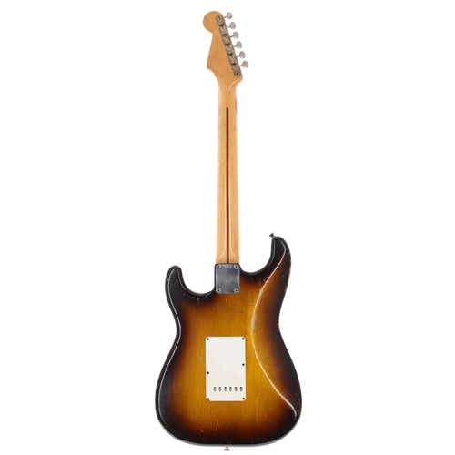 55 - 1957 Fender Stratocaster electric guitar, made in USA; Body: two-tone sunburst finish, checking thro... 