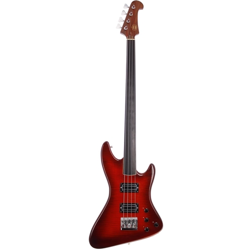 142 - Early 1980s Overwater Original Series four string fretless bass guitar, made in England; Body: red b... 