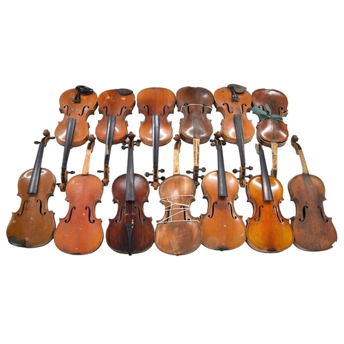 2015 - Thirteen various full size violins mostly in need of extensive restoration (13)