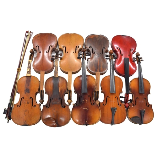 2016 - Four old full size violins in need of restoration; also five contemporary violins and four modern bo... 