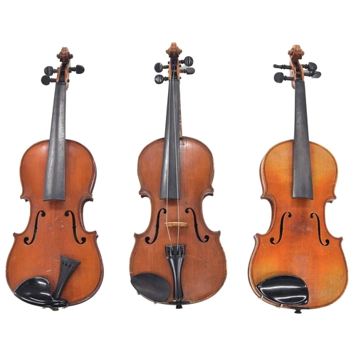 2018 - Three-quarter size Maggini copy violin in need of restoration; also two other old three-quarter size... 