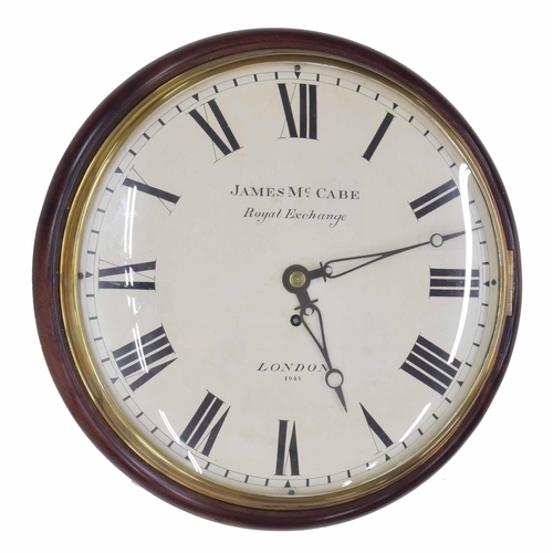 Good English mahogany single fusee 12" convex dial wall clock signed James McCabe, Royal Exchange, London, no. 1945; within a brass bezel and turned surround, the movement with shaped shouldered plates also signed James McCabe, Royal Exchange London (pendulum and keys)