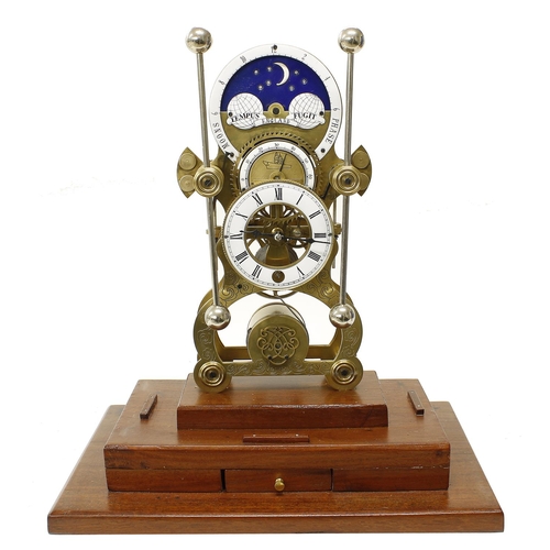 1509 - Good reproduction brass grasshopper single fusee skeleton clock, the 4.25” chapter ring with open ce... 