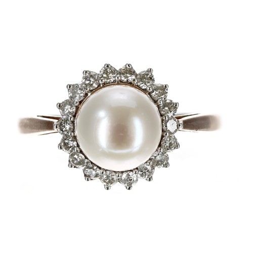 90 - Attractive modern 9ct rose gold cultured pearl and diamond ring, the pearl 8mm, set in a border of r... 