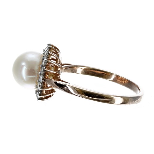 90 - Attractive modern 9ct rose gold cultured pearl and diamond ring, the pearl 8mm, set in a border of r... 