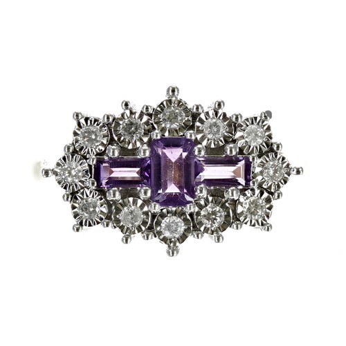 80 - Modern 9ct yellow gold 'boat style' amethyst and diamond cluster ring, the amethysts 0.58ct in total... 