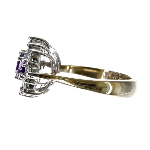 80 - Modern 9ct yellow gold 'boat style' amethyst and diamond cluster ring, the amethysts 0.58ct in total... 