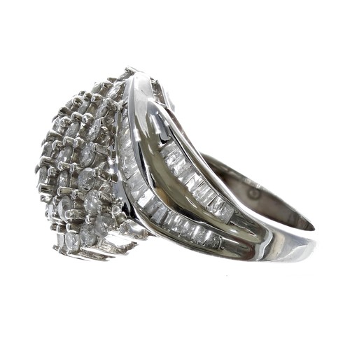 75 - Fancy modern 9ct white gold diamond cluster ring, with round brilliant and baguette-cut diamonds, 2.... 