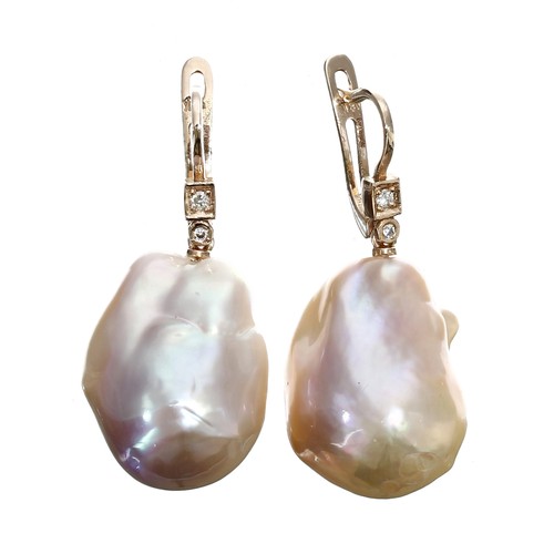 105 - Attractive pair of 18ct rose gold peach coloured baroque pearl and diamond drop earrings, drop 38mm ... 