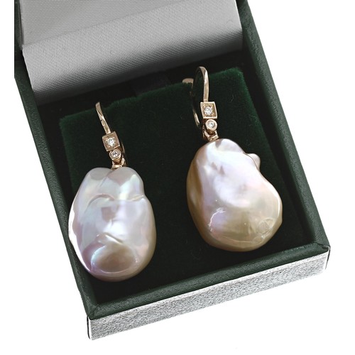 105 - Attractive pair of 18ct rose gold peach coloured baroque pearl and diamond drop earrings, drop 38mm ... 