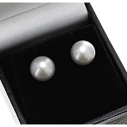 110 - Pair of 9ct yellow gold studs set with oblate spheroid grey cultured pearls, post and butterfly back... 